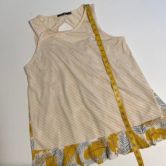 Doe & Rae Cut Out Tank Womens Large Mustard Striped Tropical Floral Mixed Print - Picture 6 of 6